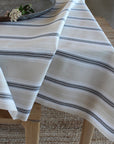 striped grey and white tablecloth