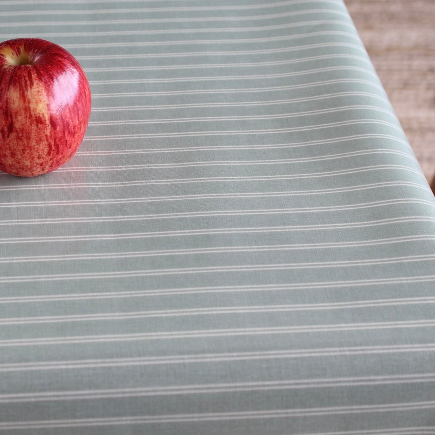 A close-up of a tablecloth with narrow white pinstripes on a muted sage green background, with a red apple placed in the upper left corner.