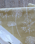 Oilcloth with white floral pattern on a yellow background, with a white tissue box.