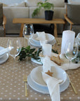 christmas theme table setting on a tablecloth with white stars and a beige background