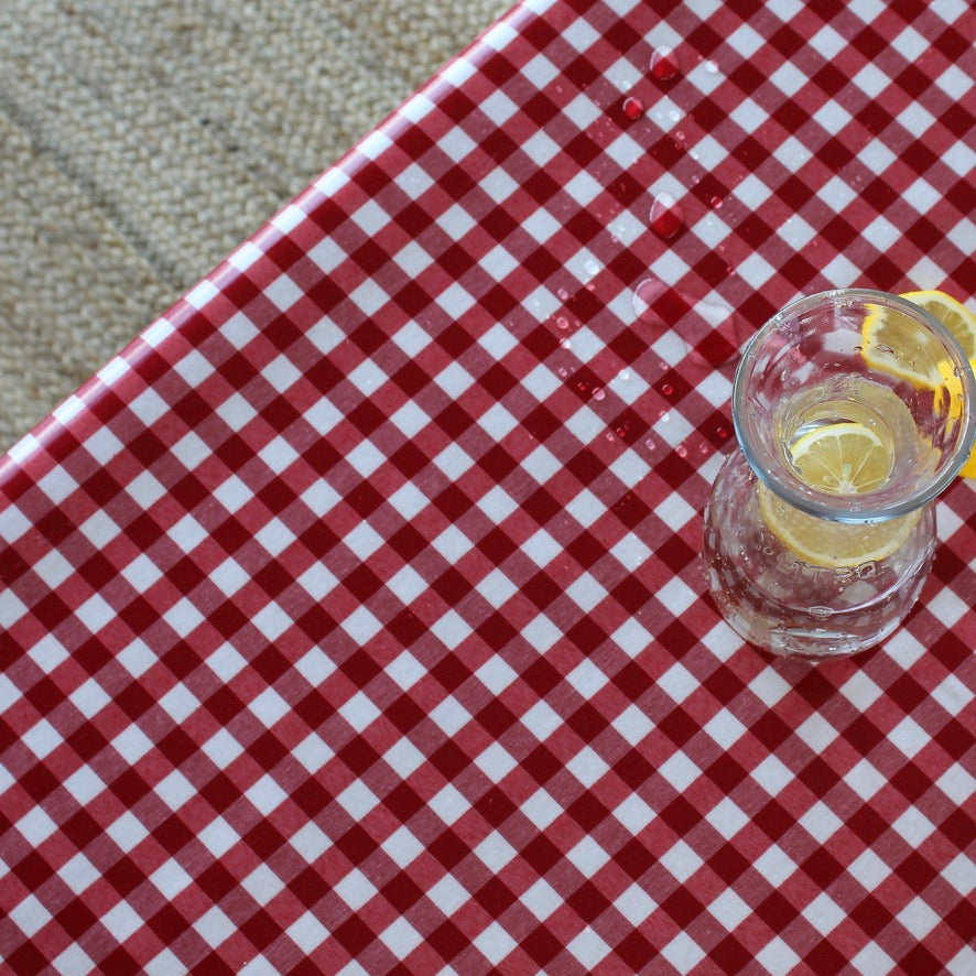 Clear glass with lemon slices on a red and white checkered tablecloth.