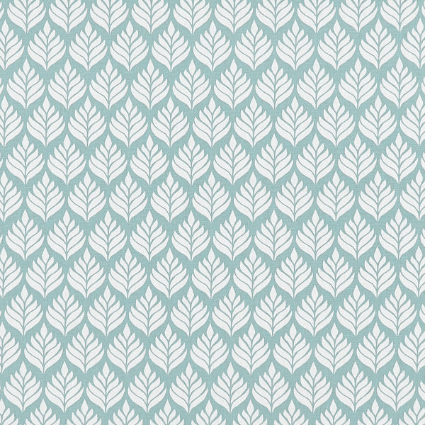 Oilcloth with a pattern of white leaves on a light blue background