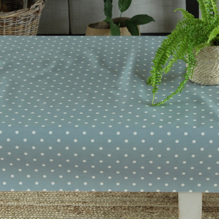 blue dotty oilcloth with a plant
