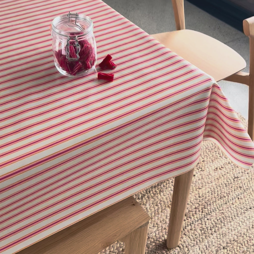 video of a vibrant pink striped oilcloth