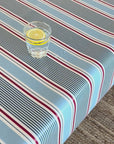 glass of water with water droplets sitting on top of a red white and blue striped oilcloth