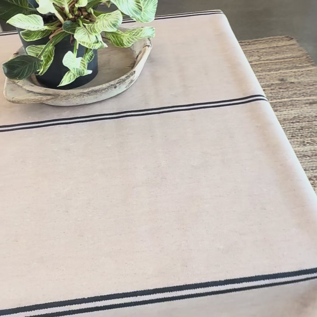 Grainsack stripe oilcloth on a table with a plant 
