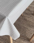 video of an oilcloth with teardrops design on a table
